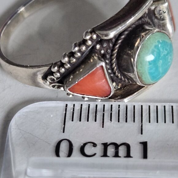 Mens Turquoise Coral 925 Sterling Ring Vintage Tibetan Boho Statement Sz 10.5 - Picture 12 of 12